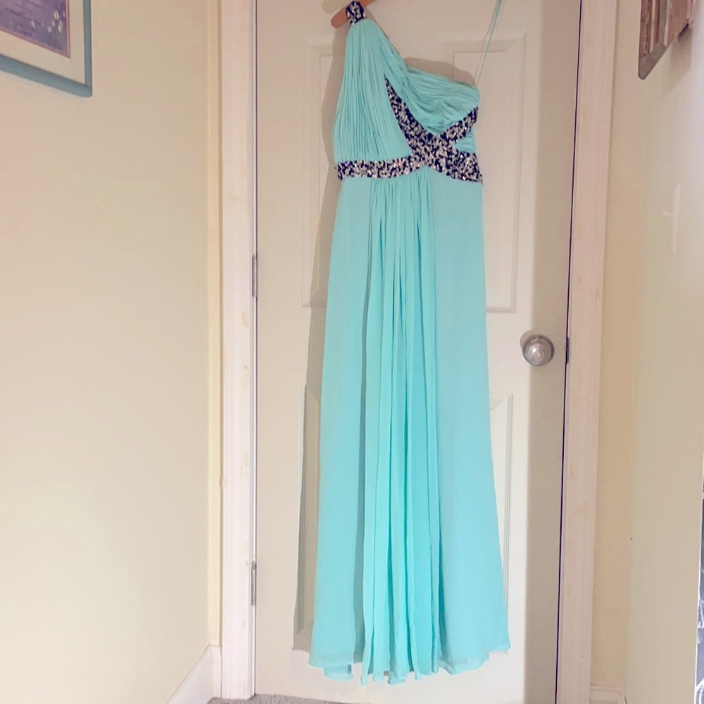 One-shoulder Julian Joyce Turquoise Evening Gown
